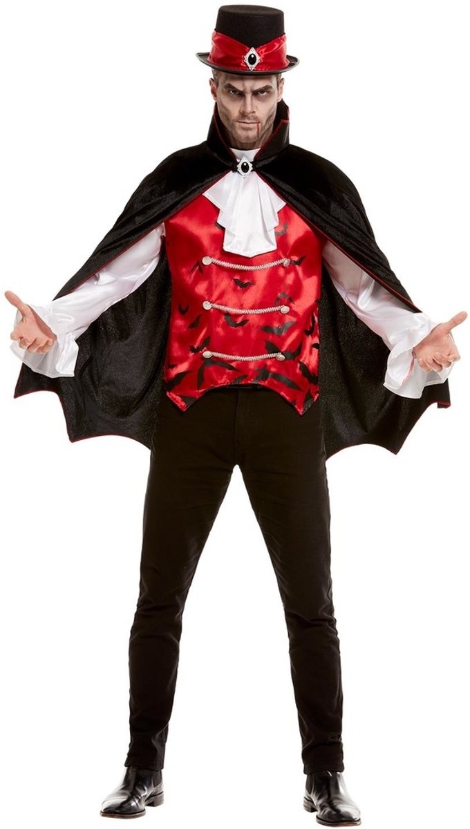 Vampier & Dracula Kostuum | Dandy Dracula Bloedfeest Shirt Met Vest En Cape | Man | Medium | Halloween | Verkleedkleding